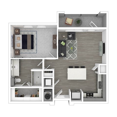 A top-down view of a small apartment with a kitchen, living room, and bedroom.